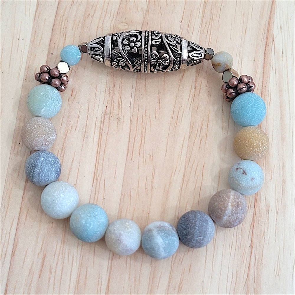 Hand Crafted Amazonite Filigree Bracelet Matte Amazonite Stretch Size 7.5 Inches